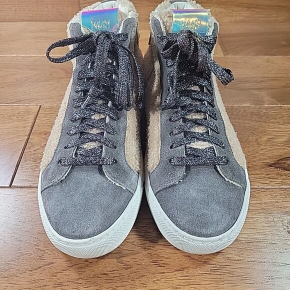 P448 Womens Star High Top Gray Suede Light Brown Sherpa Sneaker SIZE 37 6.5 to 7 - Picture 2 of 9
